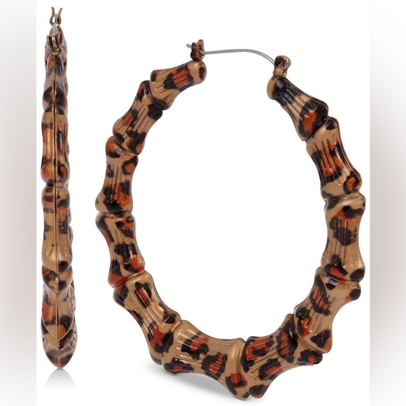 BETSEY JOHNSON Large Gold-Tone Leopard Animal-Print Bamboo Hoop Earrings 2-1/2" - Picture 6 of 6
